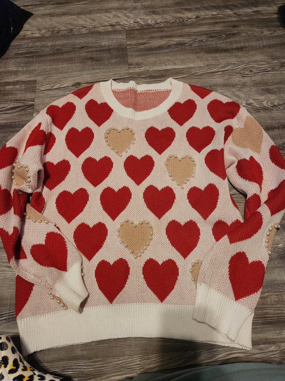 SHEIN Red and Cream Heart Crewneck Sweater with Pearl Accents